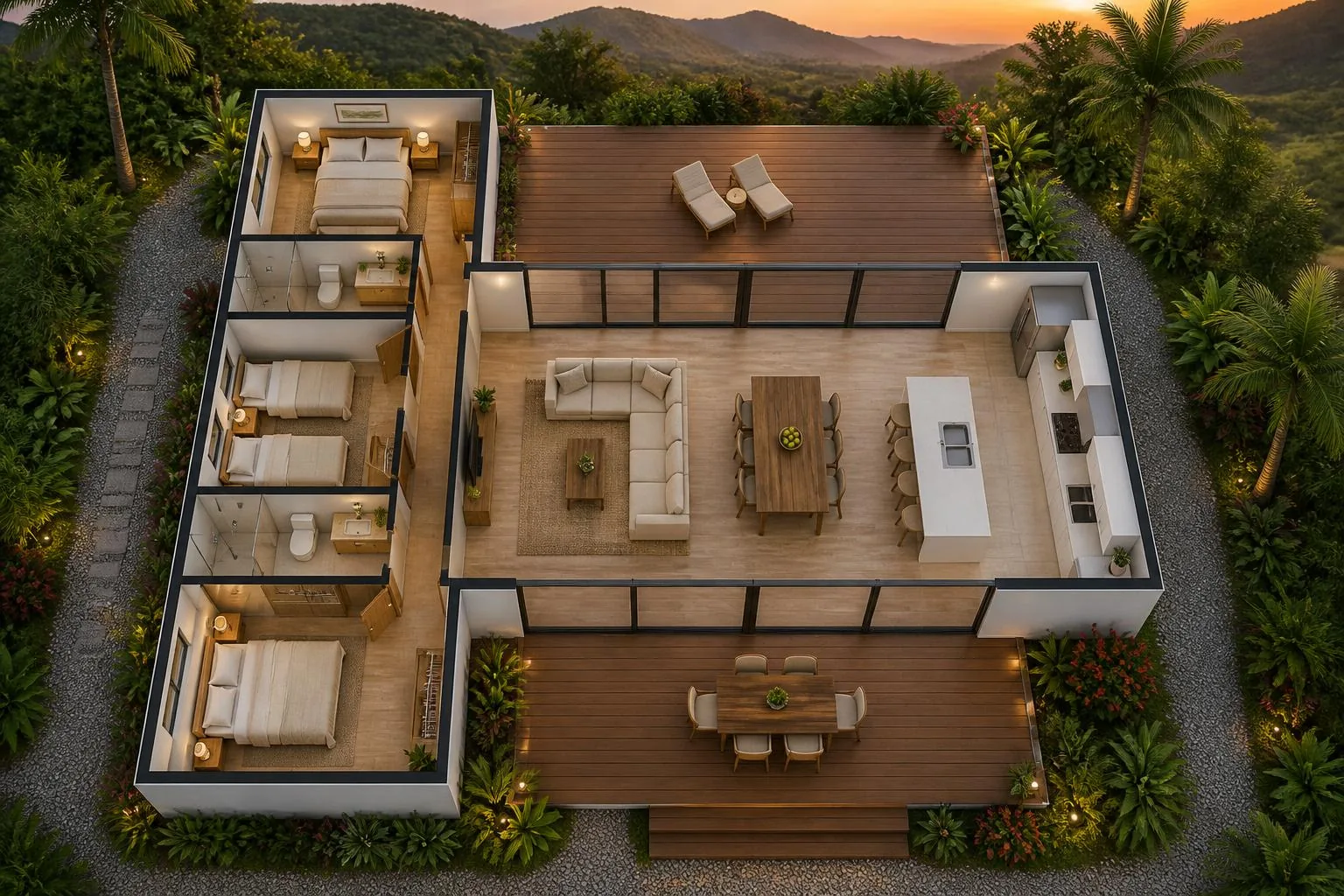 Vista aérea de la distribución del kit Mirador de 110 m²